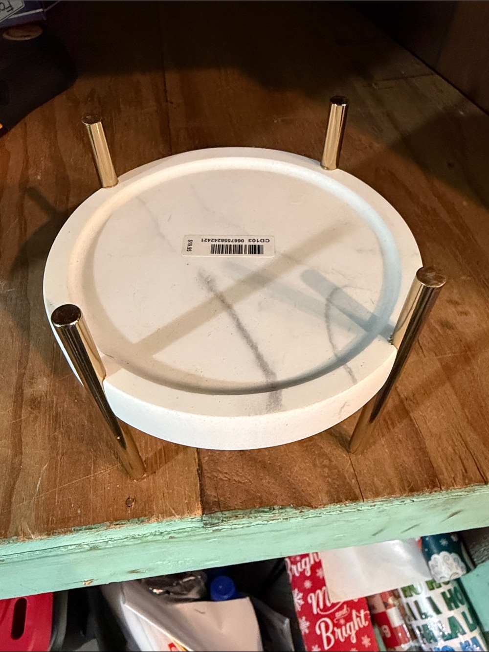 Marble-Look Round Accent Tray with Gold Legs